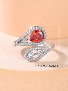 1 Elegant And Stylish Teardrop-Shaped Red Zirconia Open-Band Ring With Full Diamond Setting-Perfect For Banquets Parties Dances Birthdays And Holidays - Silver+Red - View 5