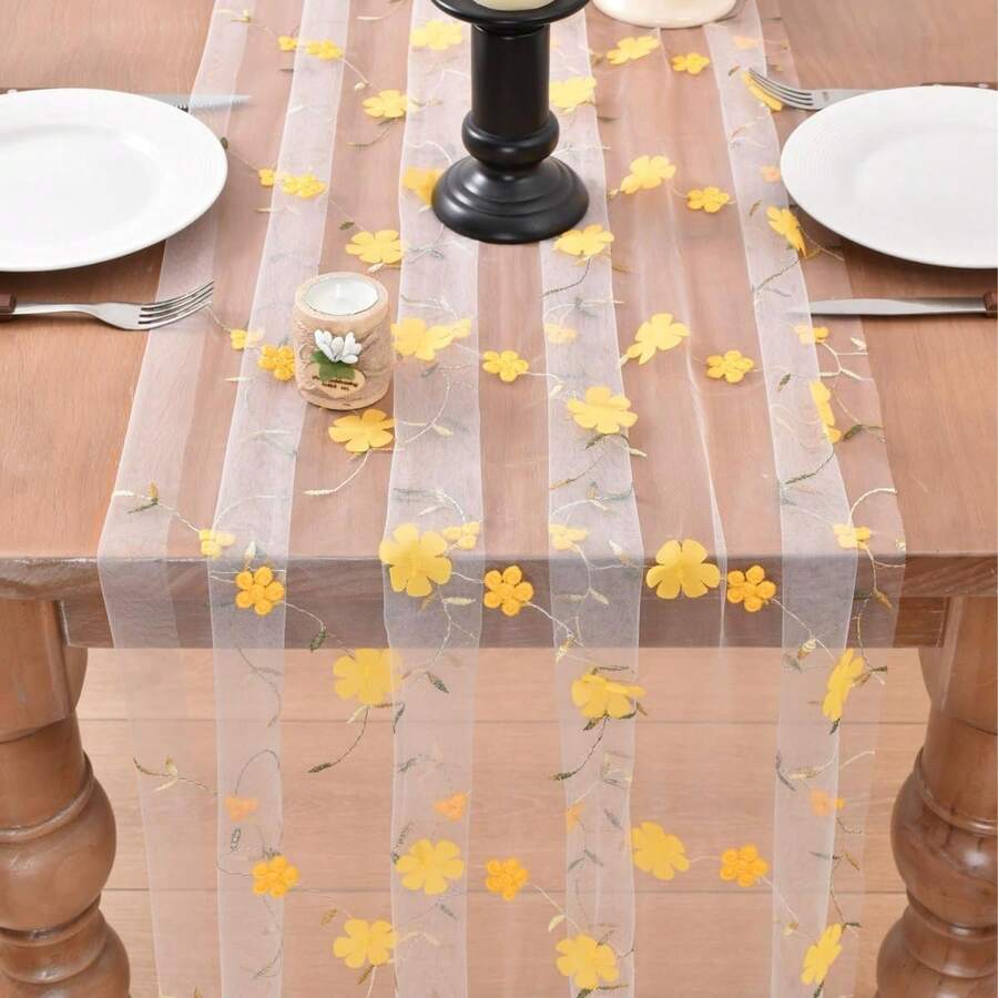 Transparent Tulle Table Runner With Yellow Floral Embroidery, Suitable For Party, Wedding Atmosphere Decoration And Indoor/Outdoor Home Decor - Multiple Styles - View 1