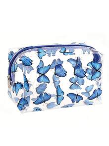1pc Cute Crystal Clear Cosmetic Bags, Travel Toiletry Clear Makeup Bags, Portable Makeup Brushes Kit Storage Bag, Waterproof Cartoon Organization For Women Girls (Butterfly) - Blue - View 8