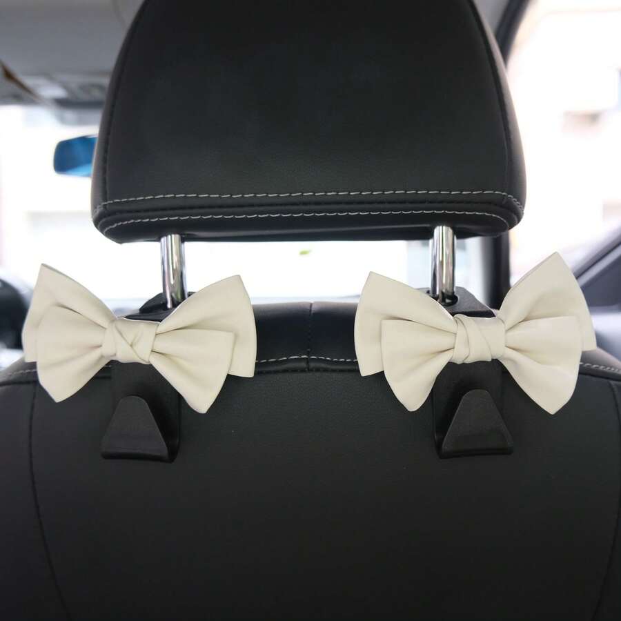 AD Car Seat Back Hook, Premium Leather Cute Bow Multi-Functional Car Interior Storage Small Hook - Black and White - View 1