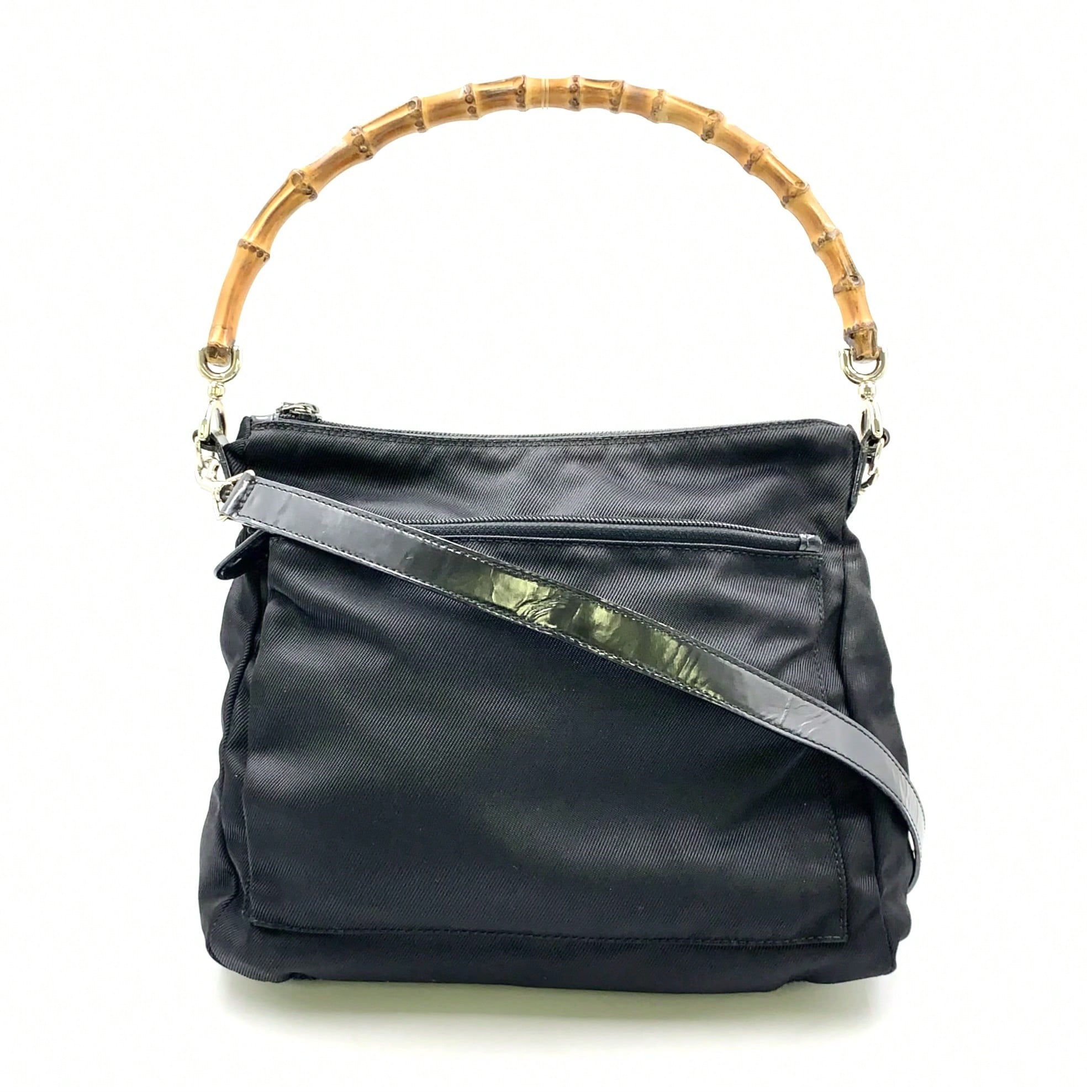 中古】GUCCI バンブー 2WAYショルダー ナイロン ブラック ハンドバッグ 