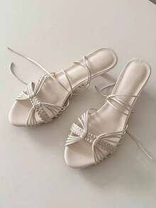 New Summer Woven Strap Open Toe High Heel Sandals,Kitten Heels - White - View 7