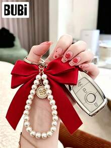 Pearl Bow Keychain, Women's & Girls' Fashion Accessory, Universal Bag Charm, Car Key Chain, Wrist Strap Handbag Decoration, Holiday Gift, Car Accessory - Red - View 13