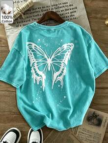 Comfortable Cotton Short Sleeve T-Shirt For Women, Casual Green Butterfly Print Round Neck Top, Medium Stretch,Outdoor,Y2K,Streetwear,Cotton Tops - Light Lake Green - View 1