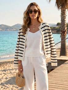 Áo khoác cardigan cổ tròn kẻ sọc thanh lịch, áo len thời trang thường ngày đa năng, áo khoác cổ điển cho nữ, mùa thu - Đen và trắng - Xem 5