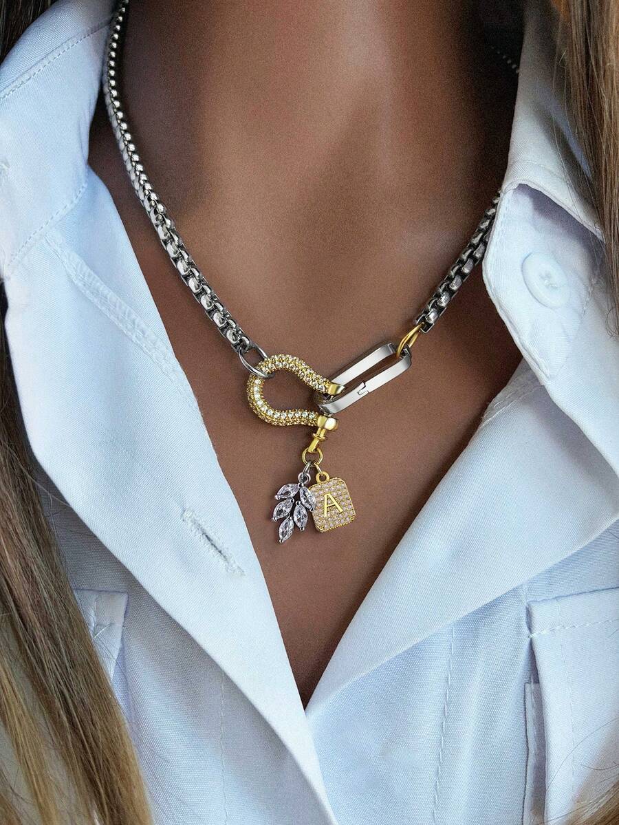 1 Stück Zweifarbiges Gold-Silber-Halskette für Frauen. Eine vollständig mit Diamanten besetzte goldene Hufeisen-Schnalle, perfekt für den täglichen Gebrauch und Partyanlässe. - Verschiedenfarbig - Übersicht 1