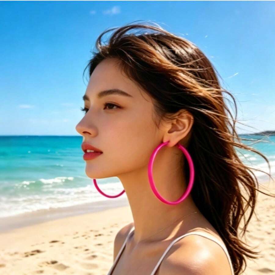 一对简约欧美夸张时尚玫瑰红大号耳环，适合女性日常佩戴 - 玫紅色 - 查看 1