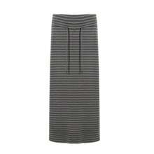 對比色條紋性感女款高腰抽繩垂墜長裙，優雅秋季穿搭，口袋開衩A字修身裙 - 灰色 - 查看 14