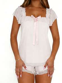 Square Neck Bow Ruffle 2 Piece Sleep Set For Women, Mesh Layer Trim Cami Top  Short, Coquette Soft Lightweight Loungewear Night Wear - White - View 6