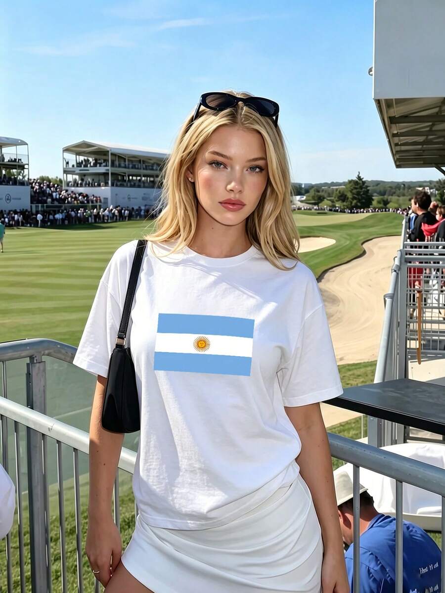女款阿根廷國旗T恤 - 世界盃球迷支持服裝,夏季休閒寬鬆圓領短袖上衣,日常運動休閒短袖上衣,世界盃觀賽服裝 - 白色 - 查看 1