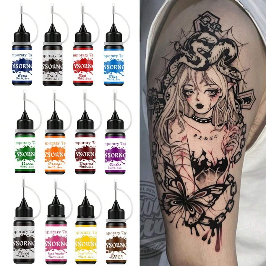 9 Colors Temporary Juice Tattoo Ink, Waterproof Semi-Permanent Henna Tattoo Paste, Long-Lasting Hand-Painted Body Art Pigment, DIY Realistic Tattoo Sticker - Multicolor - View 1