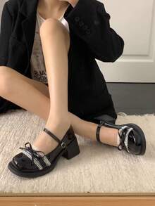 Sweet Lolita Style Black Mary Jane Shoes, Round Toe With Lace Ribbon And Double Bow, Single Metal Buckle Strap Design, Campus, Comic Convention, Date, Daily Wear, Spring/Autumn Girl Style Low Vamp Leather Shoes - Black - View 6