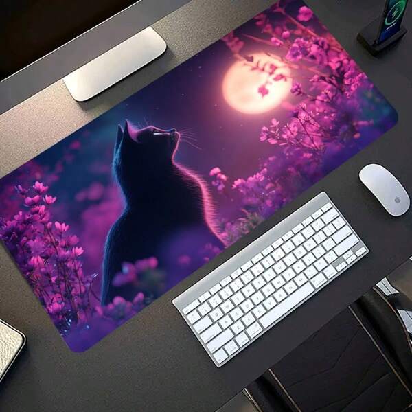 1 pieza Alfombrilla de ratón para juegos de esports de gran tamaño, con un gato negro mirando hacia arriba a una escena de flores en la noche iluminada por la luna, con una base de goma antideslizante y lavable. Esta alfombrilla de escritorio de gran tamaño es un accesorio de escritorio de oficina, un accesorio de decoración de computadora
