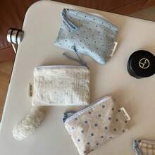 [Suxi Pouch] Fresh Summer Ocean Blue Polka Dot Plaid Mini Fabric Coin Purse/Card Holder/Wristlet/Toiletry Bag - Multicolor - View 5
