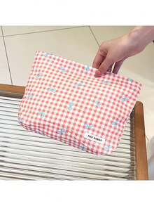 1個客製化刺繡格紋蝴蝶結化妝包，大容量拉鍊收納袋，適合學生/上班族，日常收納/旅行整理組，支援獨家客製化，甜美風格化妝袋，清新春夏設計 - 彩色 - 查看 10