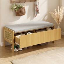 Shoe Bench, Storage Bench, Bench With Woven Rattan Side Panels, 2 Drawers, Color: Natural, Dimensions: 113 * 45.5 * 40 Cm - 自然色 - 查看 4