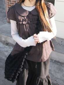 Retro Versatile Japanese Style Plaid Peter Pan Collar Short Sleeve Shirt Summer - Coffee Brown - View 8