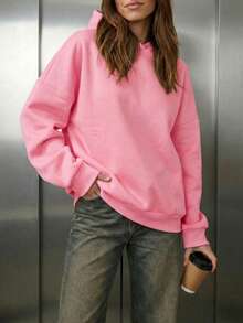 Minimalist Style Women's Comfortable Loose Long Solid Color Sweatshirt Sweatshirt, Suitable For Winter And Spring, Essential For Daily Wear Pink - Pink - View 5