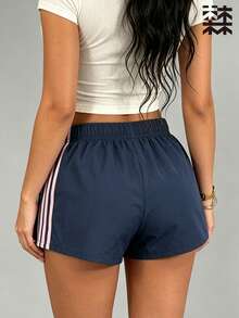 mulinsen Women's Ice Silk 3-Inch Shorts, Pink 4-Stripe Side Elastic Waist Summer Running Shorts - Navy Blue - View 6