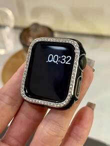 1個黑色亮面水鑽裝飾鏤空防護殼，附防震雷射雕刻錶圈，適用於Apple Watch 40/41/42/44/45/46/49mm，相容於Apple Watch Series Ultra/SE/11/10/9/8/7/6/5/4，智慧手錶殼配件 - 鏤空黑+銀 - 查看 3