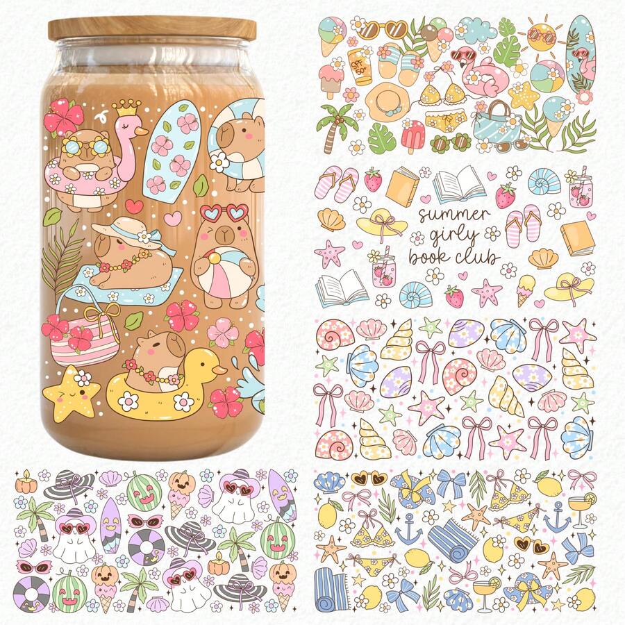 1/2/4pcs Girly Summer Capybara Beach Surf Flamingo Seashell UV Dtf Cup Wrap For 16oz Glass Can Cup, Pastel Floral Book Lover Uv Dtf Uvdtf Decal Sticker For Water Bottle Tumbler Mug Book Mark Laptop Phone Case, Gift For Girls Friends Teacher Holiday