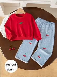 Girls' Casual Fashion Cherry Print Crew Neck Long Sleeve Sweatshirt And Printed Pants 2-Piece Set, Spring/Autumn - Red - View 1