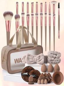 2/5/39Pcs Complete Makeup Brush Kit, 20 Synthetic Brushes + Sponges, Puffs, Cleaner, Washbag, Headband & Wristbands, All-In-One Tools For Daily Foundation, Eyeshadow & Blush Application - Coffee Brown - View 12