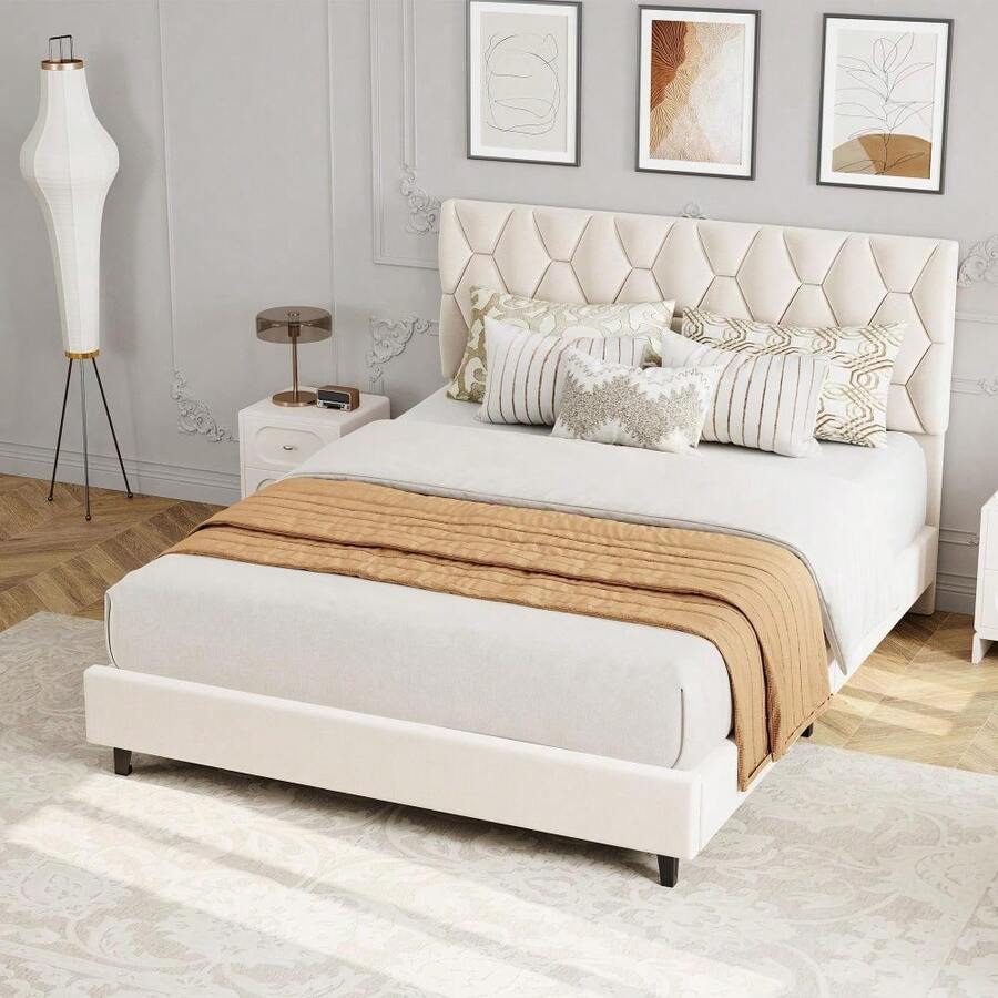 Bed Frame With Headboard, Noise-Free Upholstered Platform Bed With Solid Wood Slat Support, Heavy Duty Platform Bed With Under Bed Storage, No Box Spring Needed & Easy Assembly
- Off White - View 1