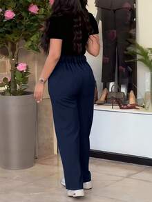 Jisfaneya Solid-Color Pocket Zipper Button Straight-Tail Suit Fabric Black Pants Elegant And Stylish Office Daily Versatile Suit Pants - Navy Blue - View 3