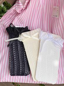 1/3 Pairs Spring/Summer Ultra-Thin Lace Trim Socks, Sheer Women's Mid-Calf Socks, Decorative Socks For Leather Shoes, Romantic Bow Calf Socks, No Heel Socks, Straight Socks - Multicolor - View 10