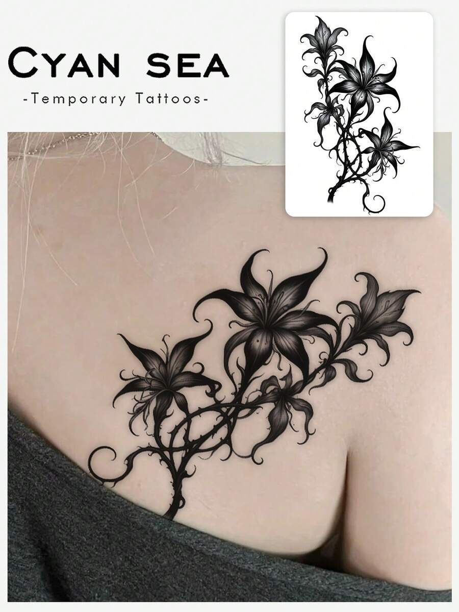 1pc Dark Gothic Black-Grey Thorn Lily Vine Pattern Temporary Tattoo Sticker, Realistic Fake Tattoo Design, Suitable For Travel, Music Festivals, Gaming, Graduation Gifts, Lasts 3-5 Days - Black - View 1