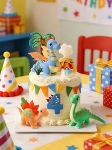 1pc Dinosaur Clay Cake Topper, Includes Volcano, Palm Tree And Number Topper, Jurassic Boy 1st Birthday Decoration, Not A Toy, Please Keep Away From Children Under 14 - Multicolor - View 6