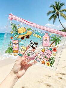 「Sun Protection」印花 PVC 化妝包，拉鍊式 PVC 旅行收納袋，輕量耐褪色化妝盥洗包，符合 TSA 標準且易攜帶，易擦拭清潔，適合送給老師或朋友的禮物，也是學校假期旅行必備的防水盥洗包 - 彩色 - 查看 4