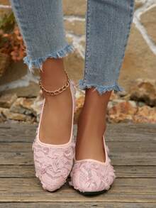 2026 New Pink Lace Low Vamp Slip-On Pumps For Women, Breathable Mesh 3D Rose Soft Sole Chunky Low Heel Shoes - Pink - View 3