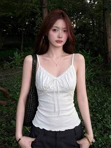 新款女款春夏極簡性感蕾絲飾邊綁帶細肩帶背心，性感成熟風微收腰顯瘦內搭上衣，白色 - 白色 - 查看 10