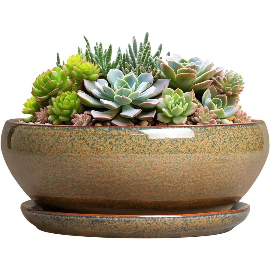 8-Inch Round, Shallow Ceramic Succulent Pot With Drainage Hole And Saucer. Suitable For Indoor And Outdoor Use. Home Decor... - Mottled Coffee - View 1