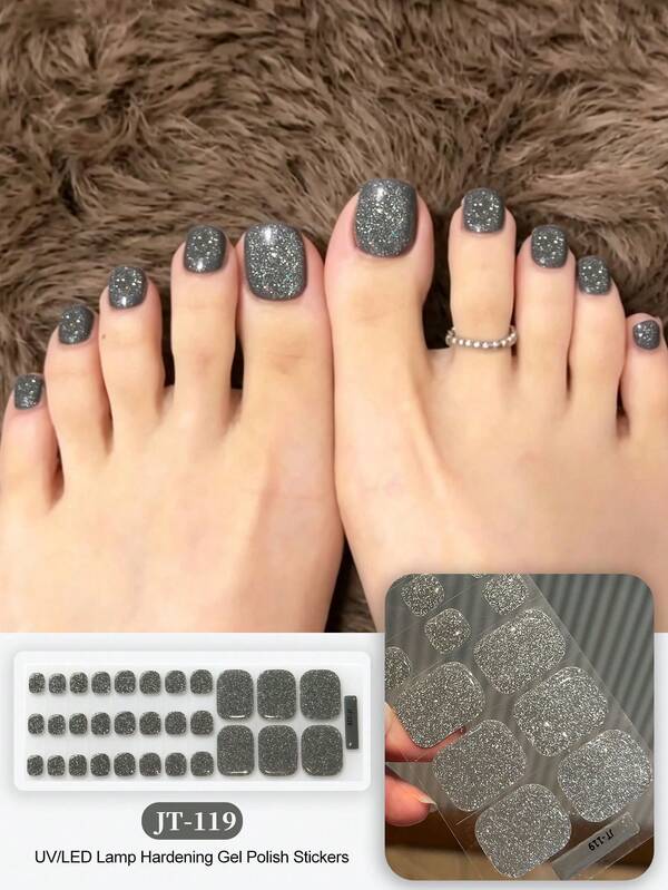 Cross-Border New Arrival Semi-Cured Gel Summer Toe Nail Stickers, Glitter Flash Design, In Stock Wholesale, Waterproof & Long-Lasting