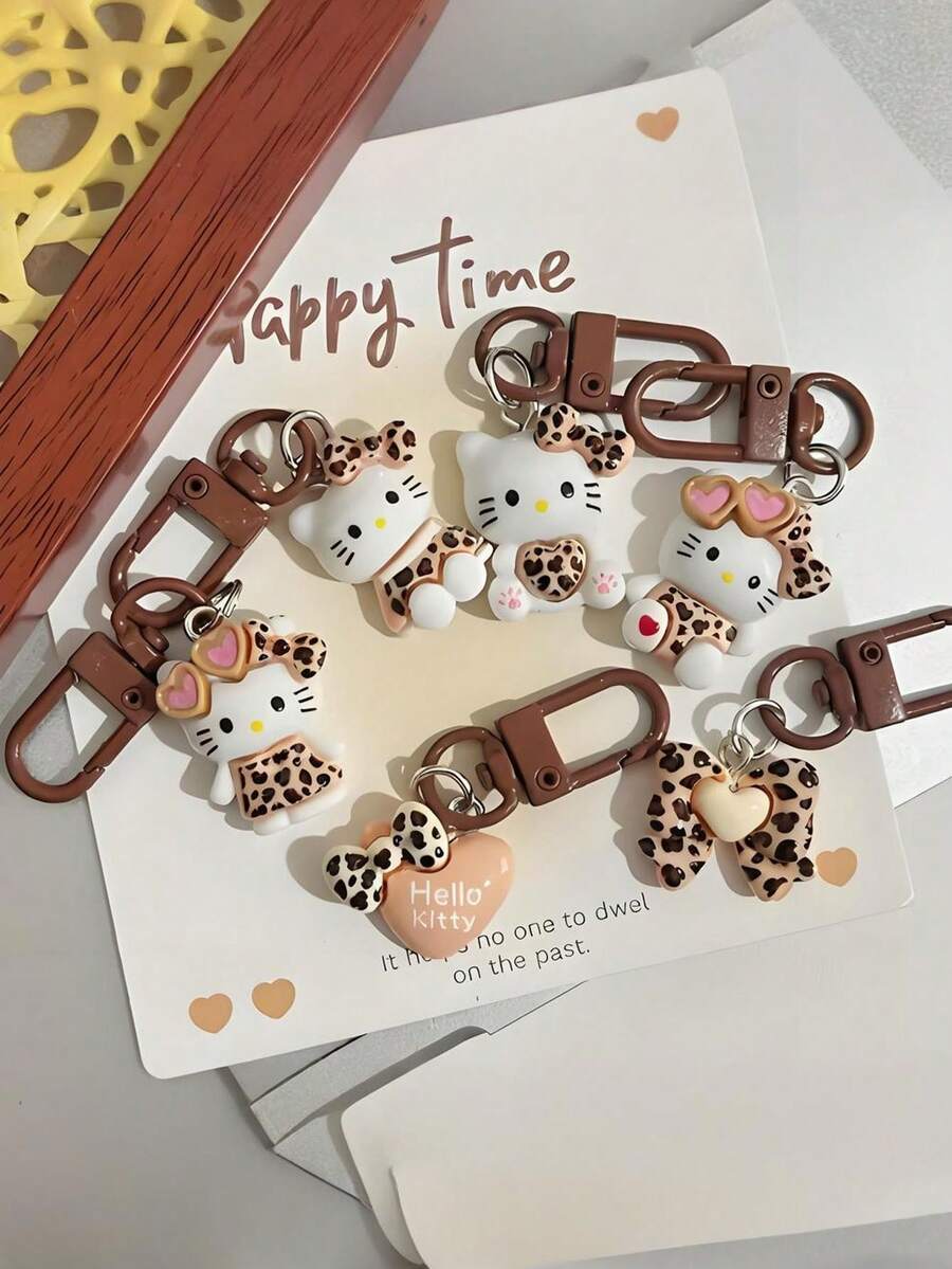 SANRIO 1/5/10件可愛Hello Kitty豹紋鑰匙圈，甜美裝飾吊飾，適用於汽車鑰匙圈或背包吊飾 - 彩色 - 查看 1