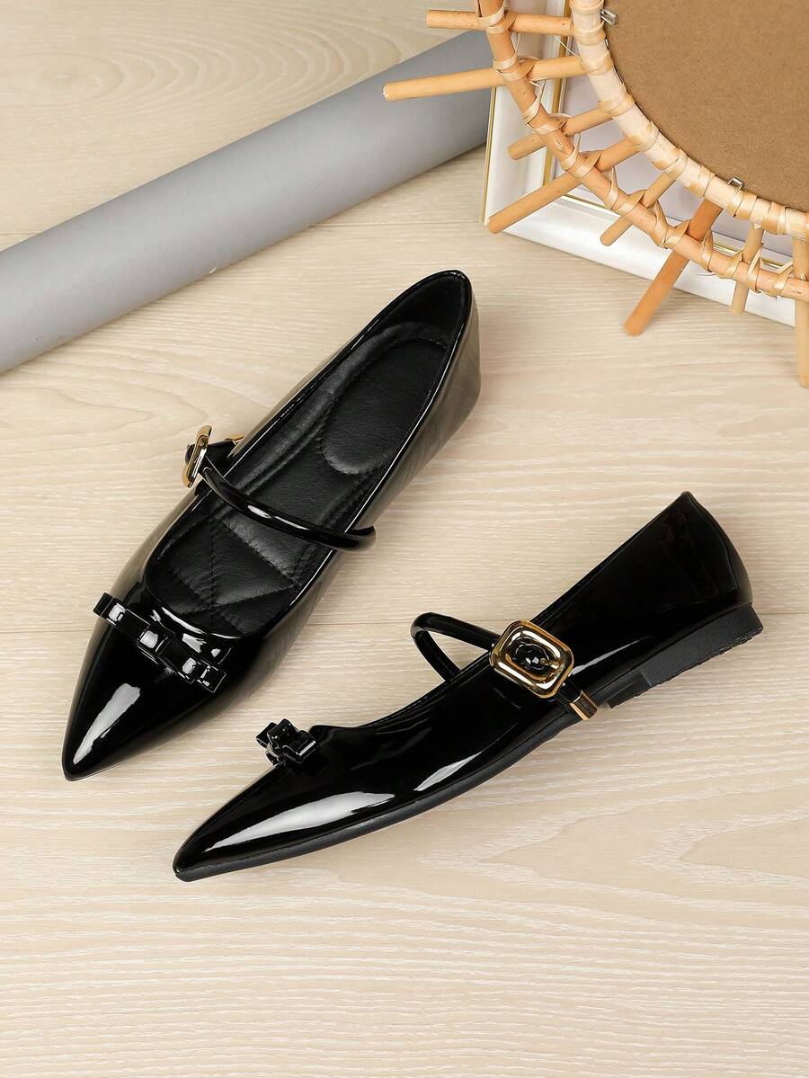 Pointed Toe Single Strap Shoes, Lightweight Office Commuter Gentle Style Women's Shoes - Black - View 1