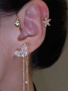 1pc Fashion Elegant Exquisite Gold Butterfly Rhinestone Left Ear Hook Earrings For Women, Holiday Gift, Daily Wear Jewelry - Multicolor - View 2