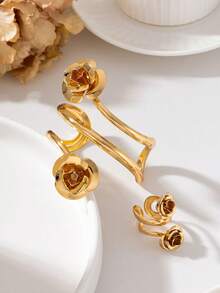 1 Set Metallic Shiny Flower Bracelet And Ring (1pc Geometric Line Gold Bracelet & 1pc Geometric Line Ring) - Yellow Gold - View 4