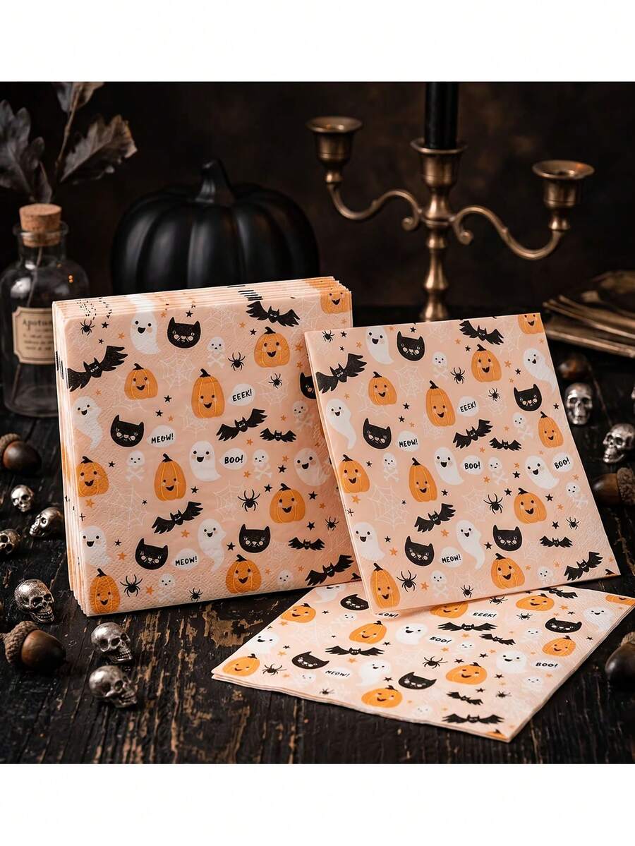 32pcs Halloween Napkins Ghost Witch Bat Design Halloween Party Decoration Kitchen Dining Table Party Set Theme Party Indoor Home Decor - Multicolor - View 1