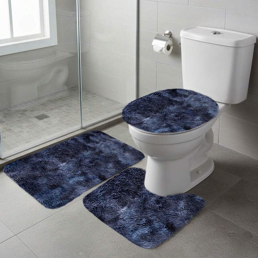 3Pcs Bathroom Rugs Set, Multi Purpose Non-Slip Bath Mats Set - Comfortable Soft Modern Style Toilet Carpet, Fast Absorbent, Machine Washable, Perfect For Bedroom Decor, Toilet Floor, Shower Room - Dark Blue - View 1