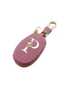 Unisex Multifunctional Key Pouch, Decorated With Fashionable Pink Flower And White 26 Letters A-Z Pattern, Zipper Keyring, Flower Pattern Design, PU Faux Leather Material, Zipper Storage Bag, Car Key Storage Pouch, Car Key Chain, Compact And Portable Key Pouch, Simple Design, Travel Accessory, Elegant Accessory, Suitable For Home, Office, Travel, Car, Unisex, Perfect Gift For Friends, Family, Couples, Anniversary, Birthday, Wedding, Graduation And Teacher's Day - Multicolor - View 22