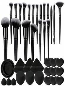 3/9/39Pcs Makeup Brush & Beauty Sponge Set, 20Pcs Soft Synthetic Cosmetic Brushes (Foundation, Eyeshadow, Concealer, Blush, Highlighter), Triangle & Finger Powder Puffs, Brush Cleaner Tool, All-In-One Kit For Daily Face Makeup - Black - View 12