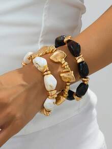 Set Gelang Manik Resin Merah Muda 3 Buah - Gelang Elastis Batu Asimetris Warna Emas yang Dapat Ditumpuk, Perhiasan Wanita Gaya Bohemian yang Dapat Ditumpuk, Hadiah Perhiasan Wanita - Hitam dan Putih - View 3