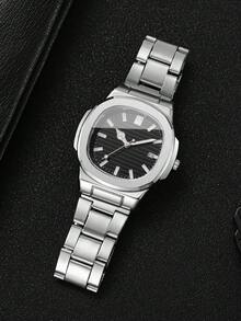 Men's Classic Fashion Square Striped Scale Calendar Dial Business Versatile Quartz Wristwatch, Gift For Boyfriend (1pc/Set) Watch Box Not Included - Silver - View 10