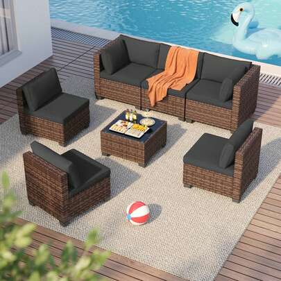 7-Piece Outdoor Sectional Patio Furniture Set, PE Rattan Ou…