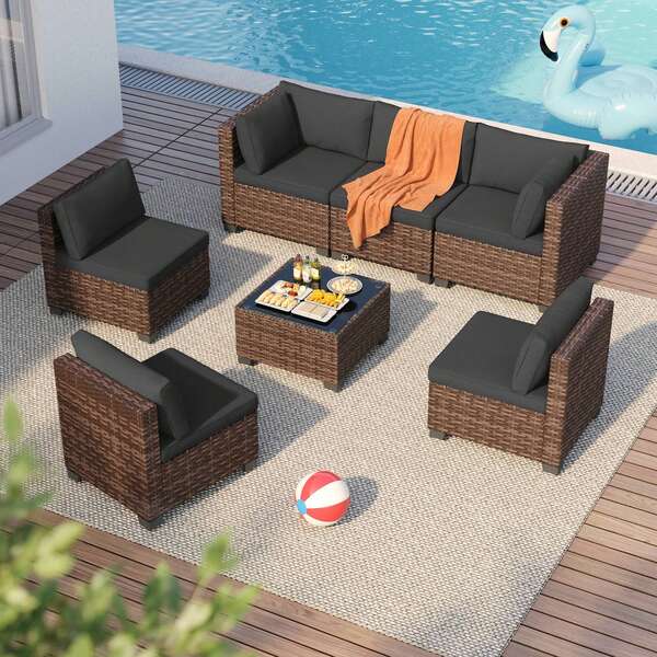 Bealife Juego de muebles de exterior para patio de 7 piezas, sofá seccional para exteriores para todo tipo de clima, juego de muebles de exterior de ratán sintético para patio con cojines, mesa de centro de vidrio
