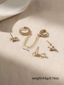 5pcs/Set Gold Zirconia Cartilage Stud Earrings Set, Multiple Piercing Rhinestone Chain Earrings, Luxury Layered Ear Jewelry - Yellow Gold - View 6
